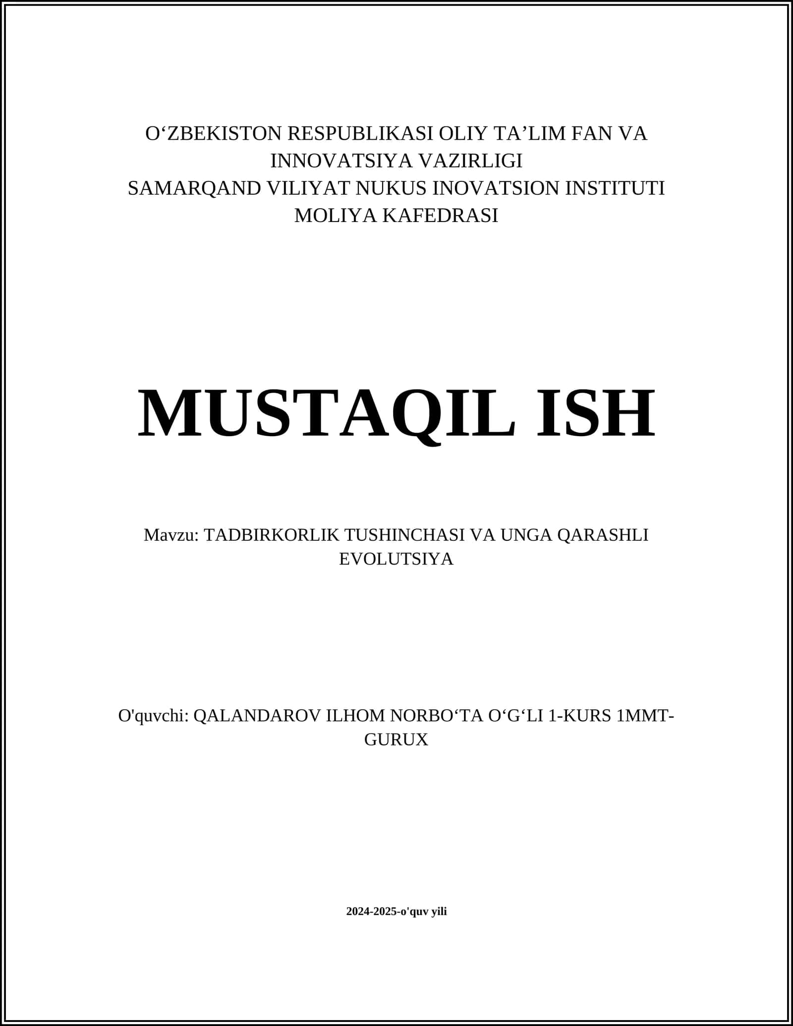 TADBIRKORLIK TUSHINCHASI VA UNGA QARASHLI EVOLUTSIYA