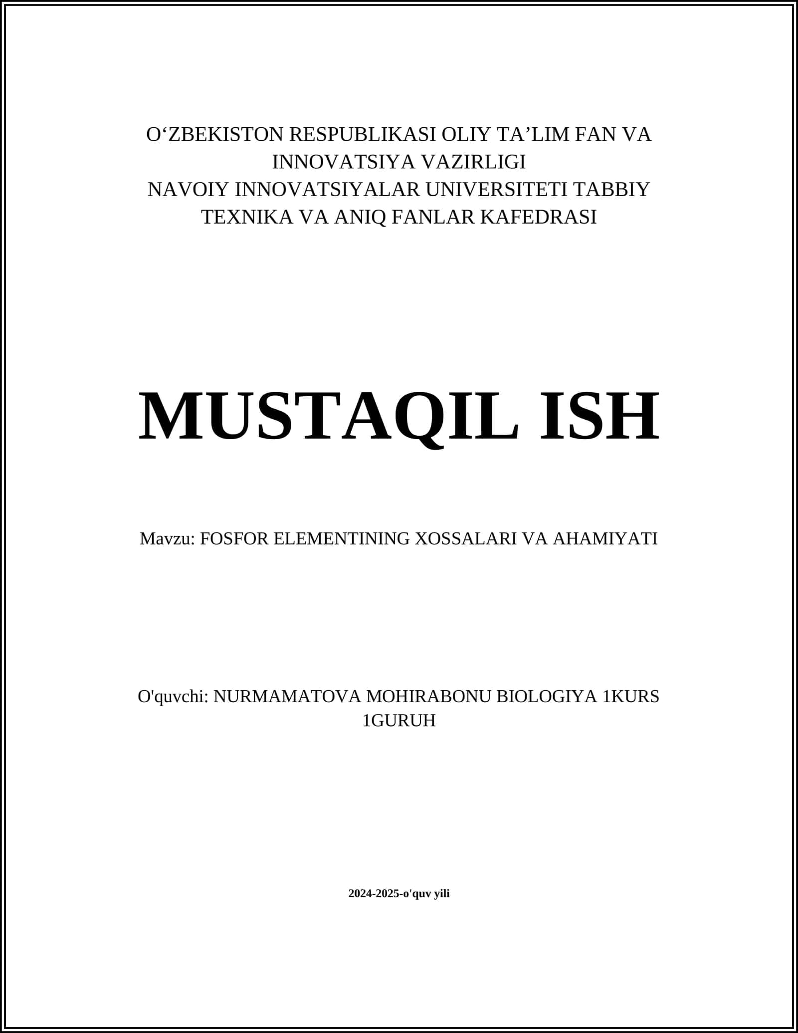 Fosfor Elementining Xossalari va Ahamiyati