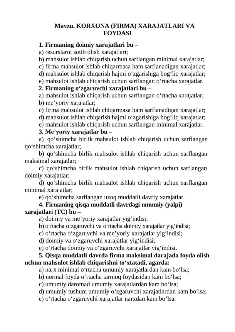 KORXONA (FIRMA) XARAJATLARI VA FOYDASI