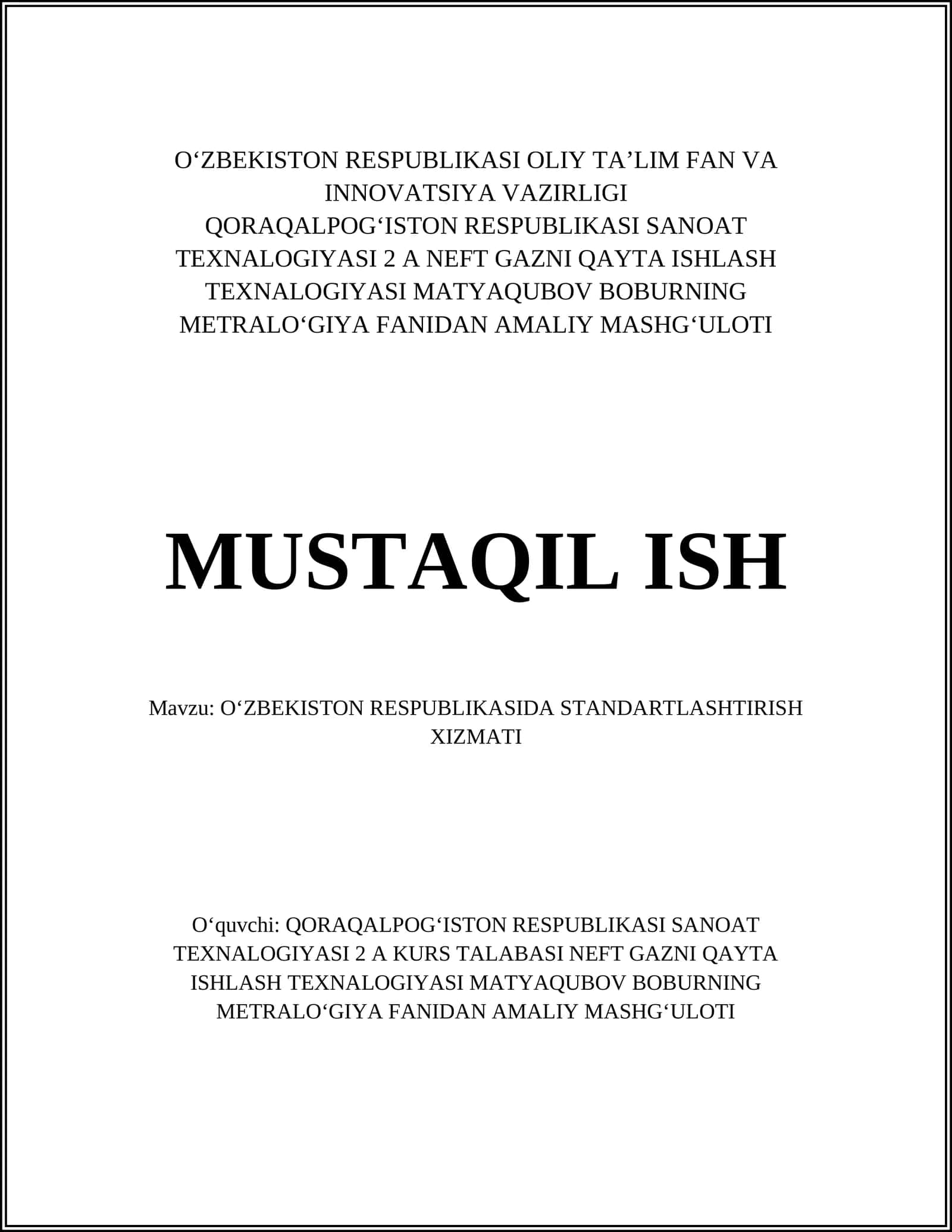 O‘ZBEKISTON RESPUBLIKASIDA STANDARTLASHTIRISH XIZMATI