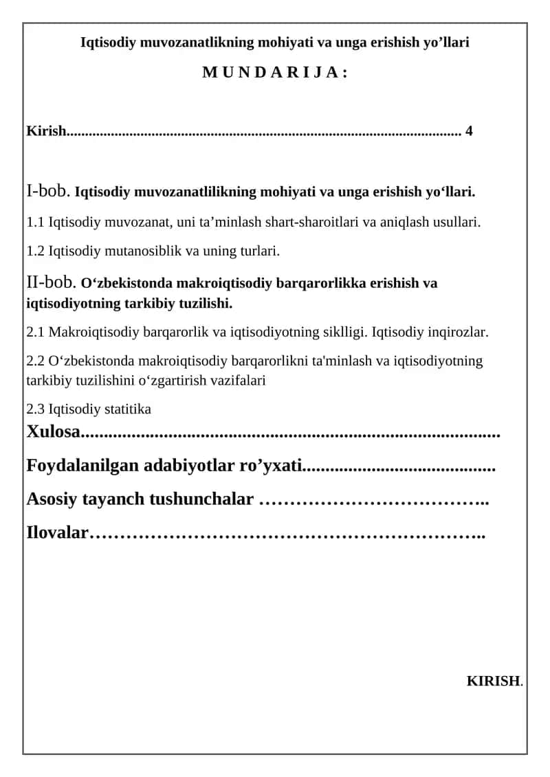 Iqtisodiy muvozanatlikning mohiyati va unga erishish yo’llari