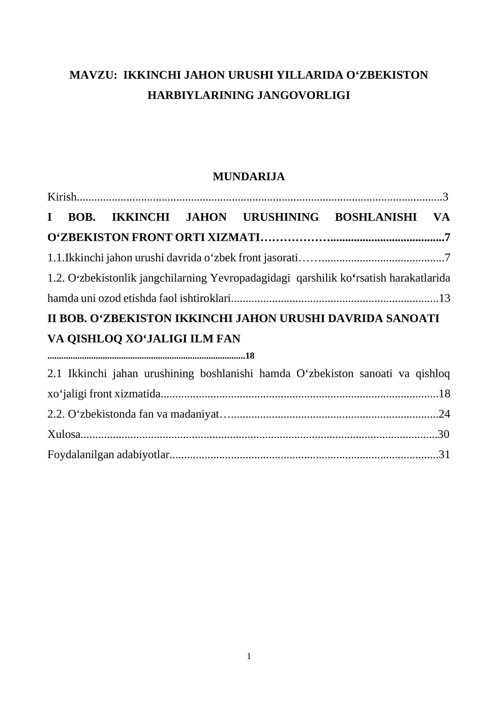 IKKINCHI JAHON URUSHI YILLARIDA OʻZBEKISTON HARBIYLARINING JANGOVORLIGI
