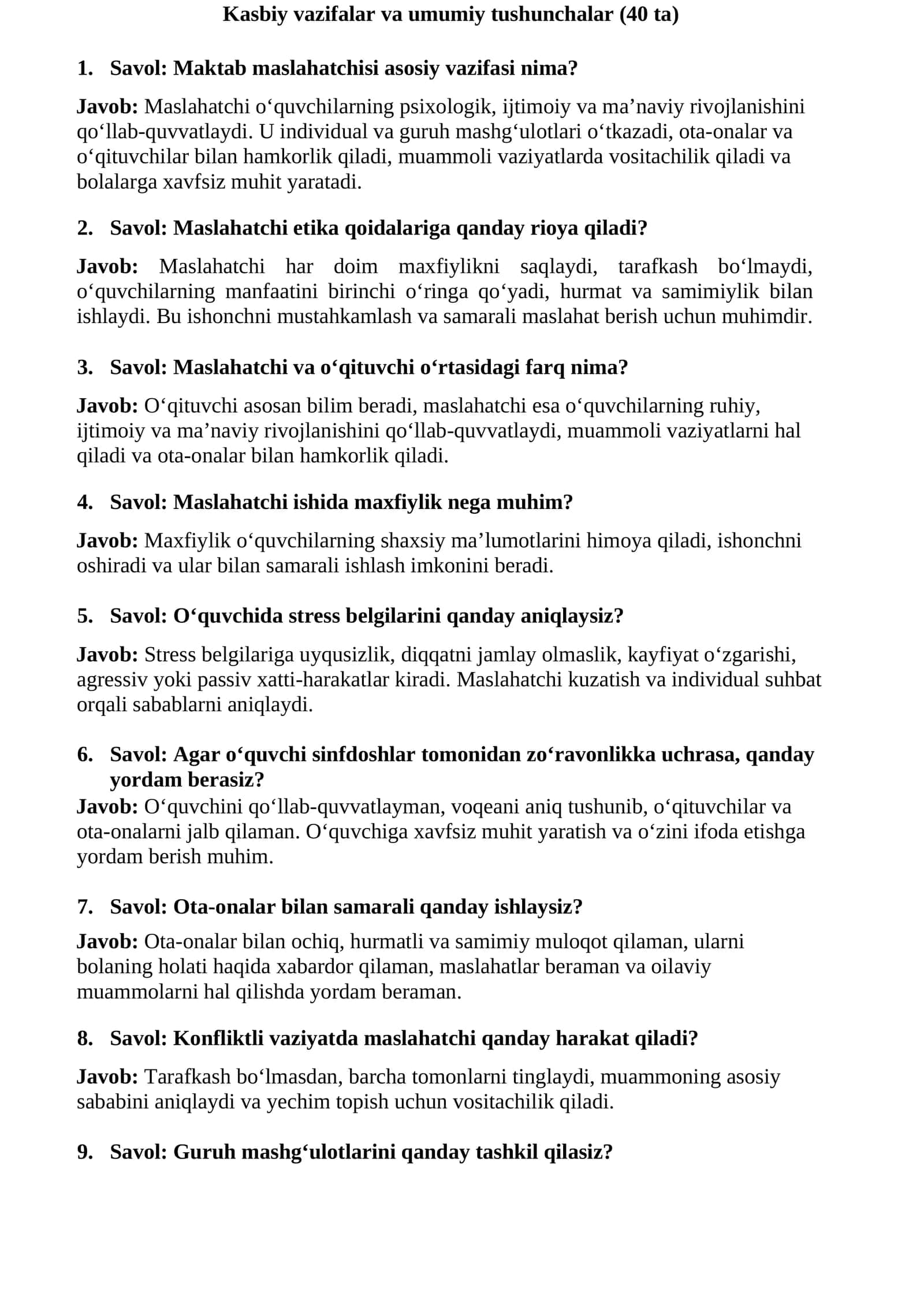 Maktab Maslahatchisi Tayyorlov Testlar va Suhbat Savollari – 2026