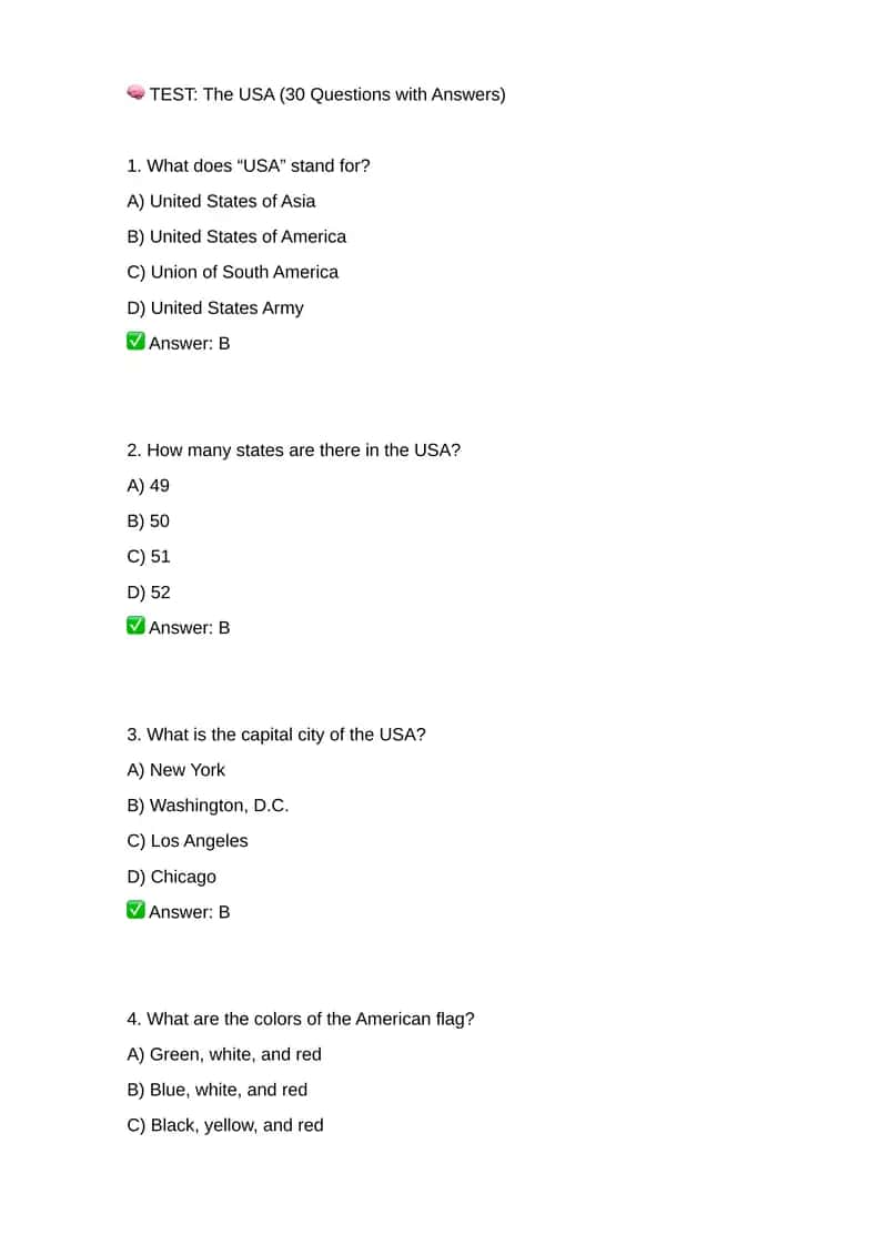 The USA (30 Questions with Answers)