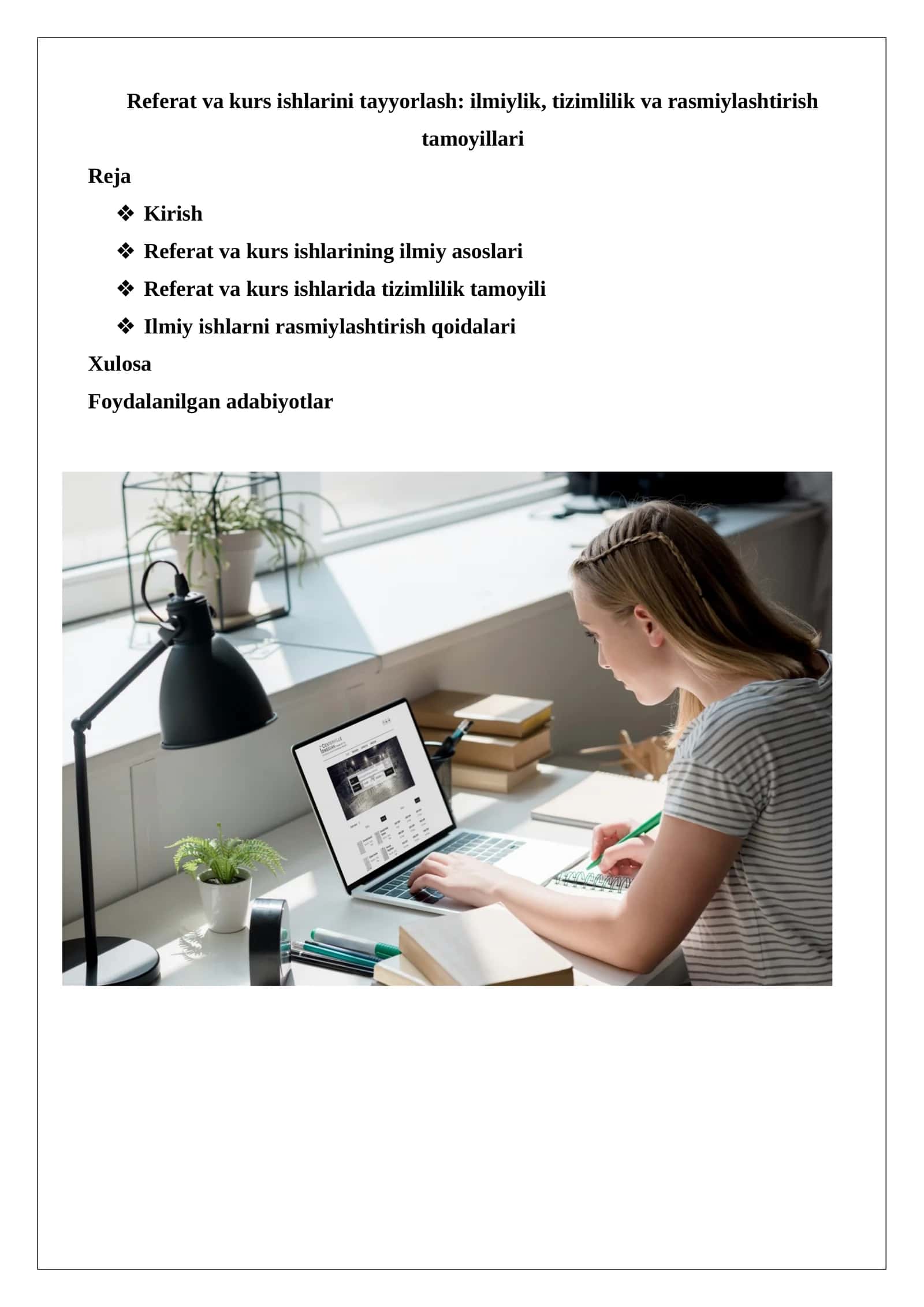 Referat va kurs ishlarini tayyorlash: ilmiylik, tizimlilik va rasmiylashtirish tamoyillari