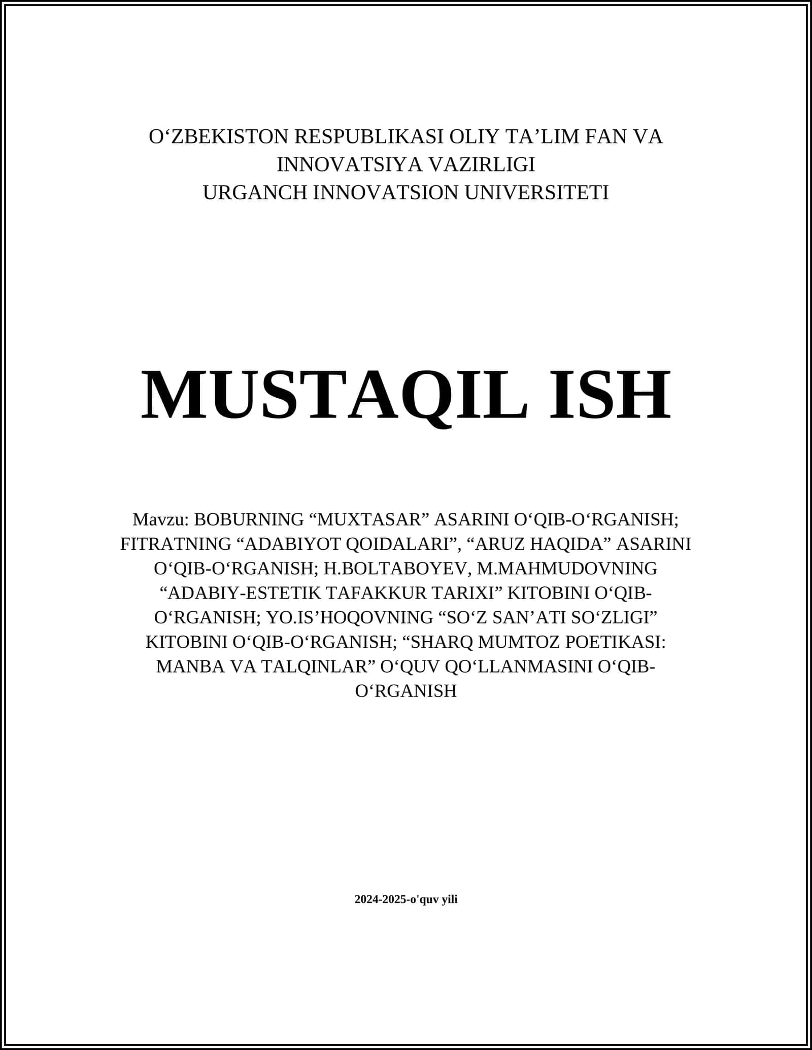 BOBURNING “MUXTASAR” ASARINI O‘QIB-O‘RGANISH