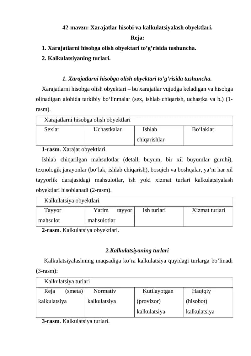 Xarajatlar hisobi va kalkulatsiyalash obyektlari