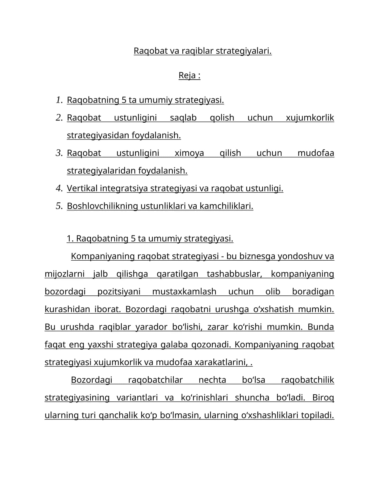 Raqobat va raqiblar strategiyalari