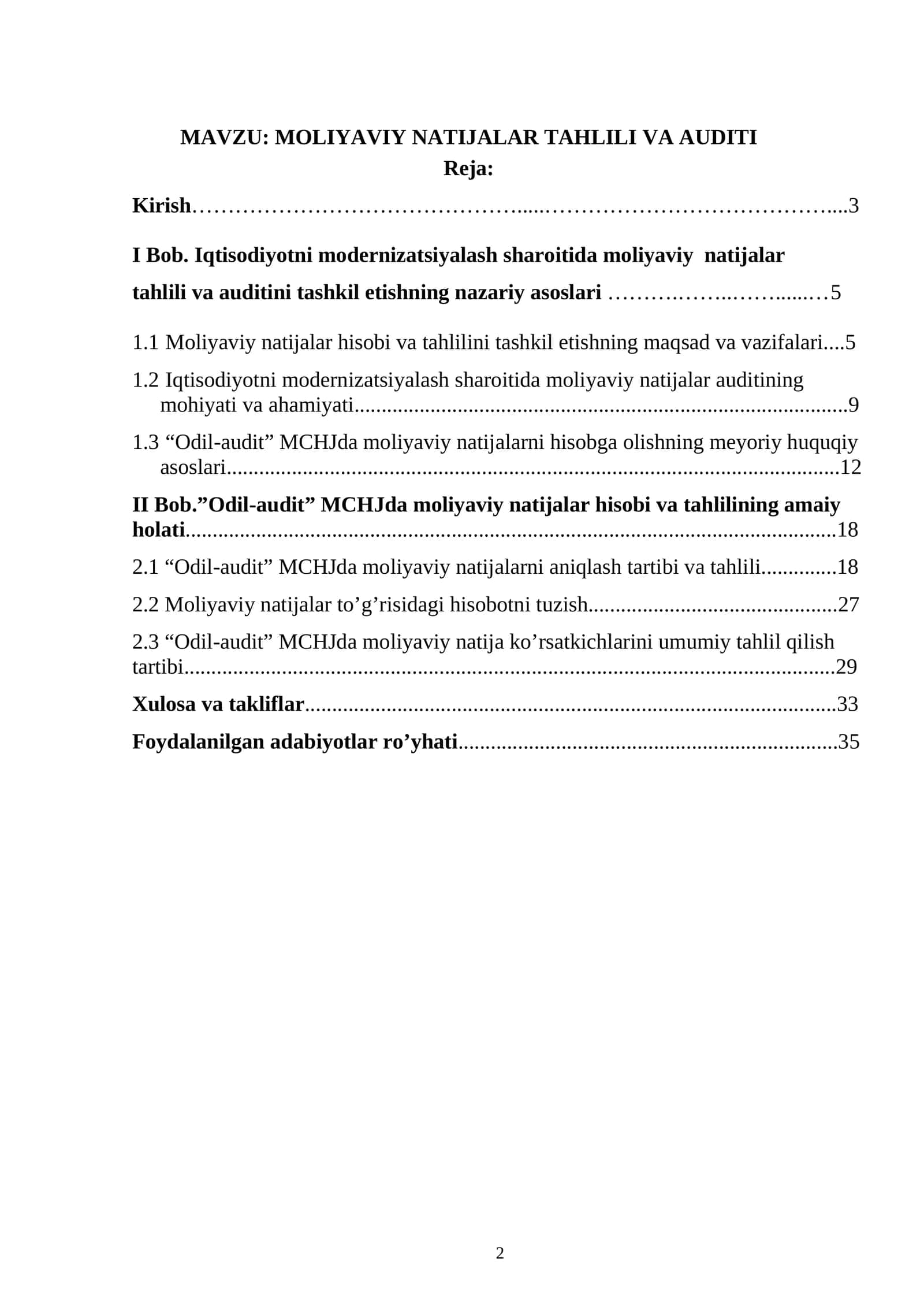 Moliyaviy natijalar tahlili va auditiю Audit fanidan kurs ishi