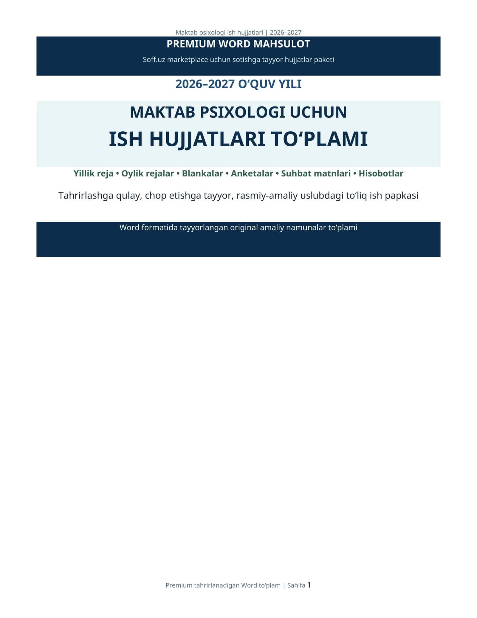 MAKTAB PSIXOLOGI UCHUN ISH HUJJATLARI TO‘PLAMI