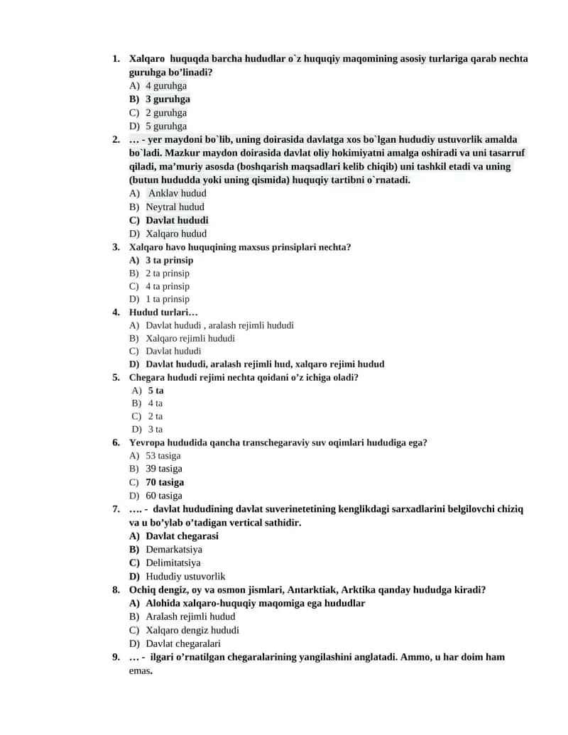 Xalqaro huquq mavzusi haqida test savollari (1)