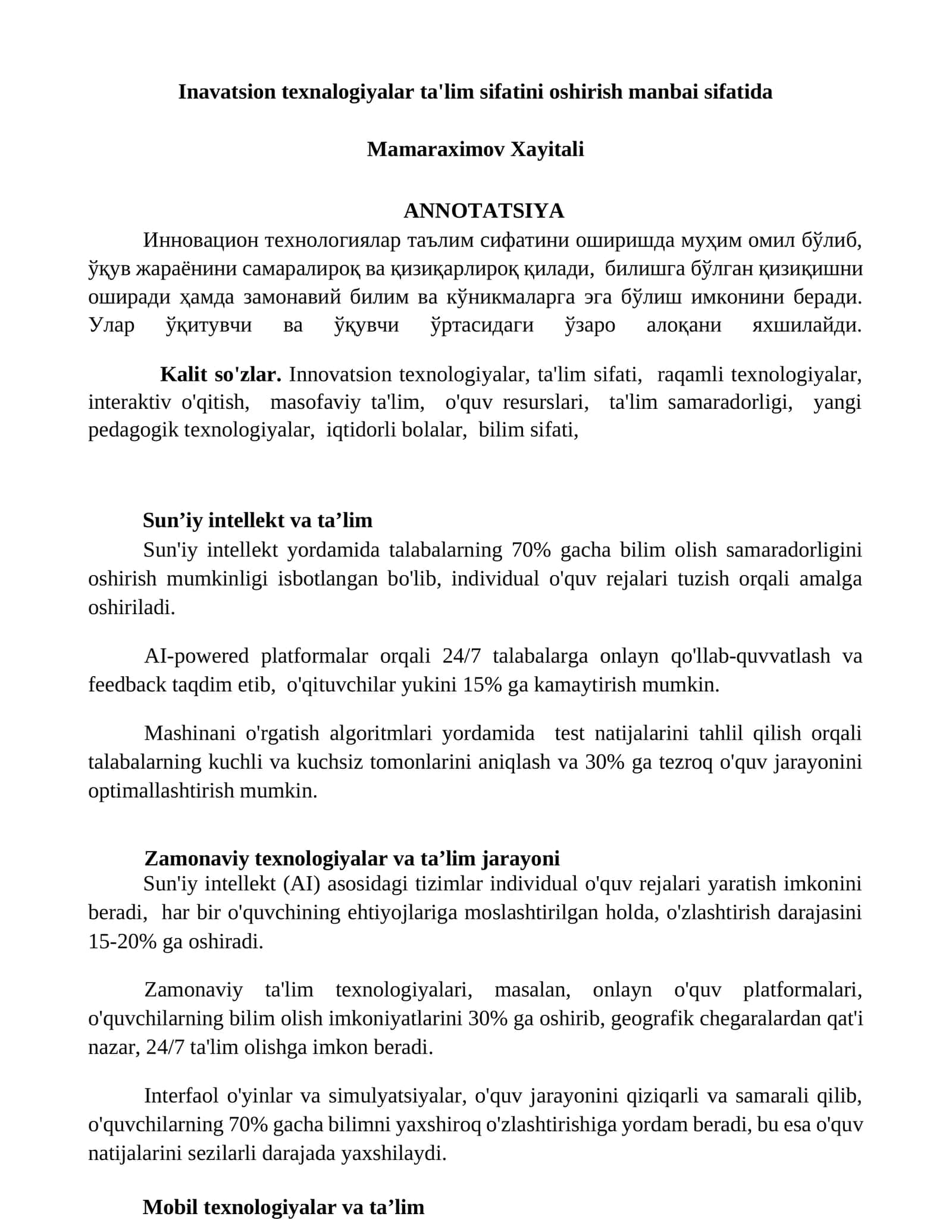 Inavatsion texnalogiyalar ta'lim sifatini oshirish manbai sifatida