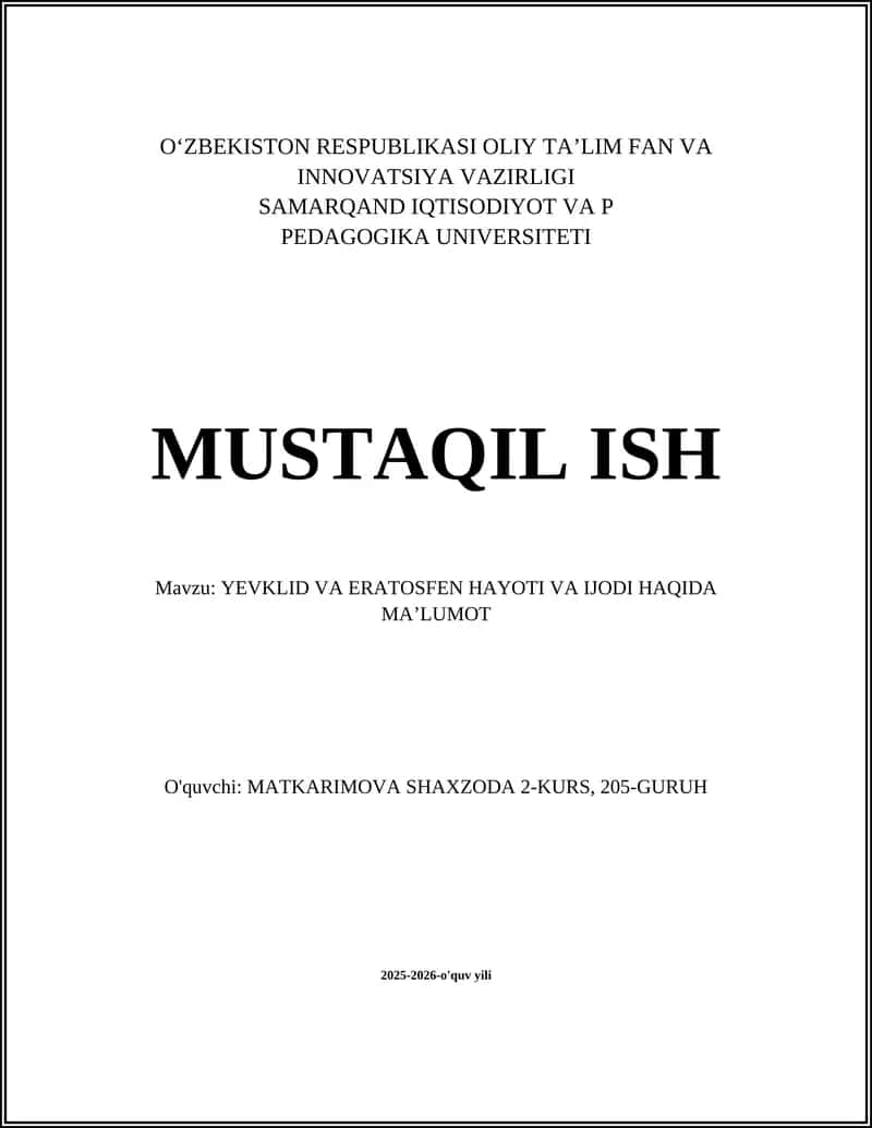 YEVKLID VA ERATOSFEN HAYOTI VA IJODI