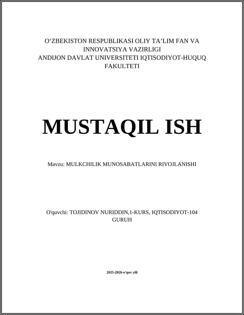 MULKCHILIK MUNOSABATLARINI RIVOJLANISHI