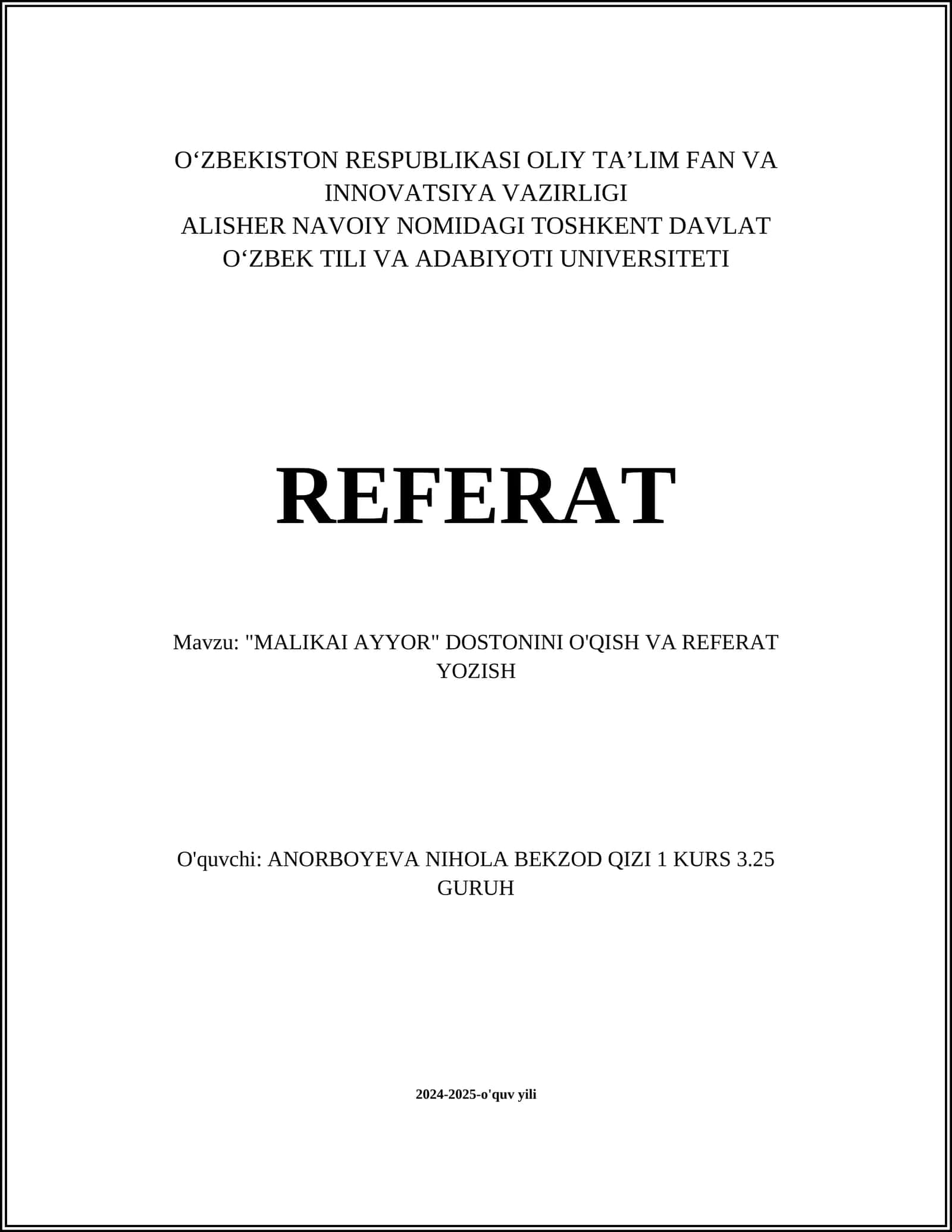 "MALIKAI AYYOR" DOSTONINI O'QISH VA REFERAT YOZISH