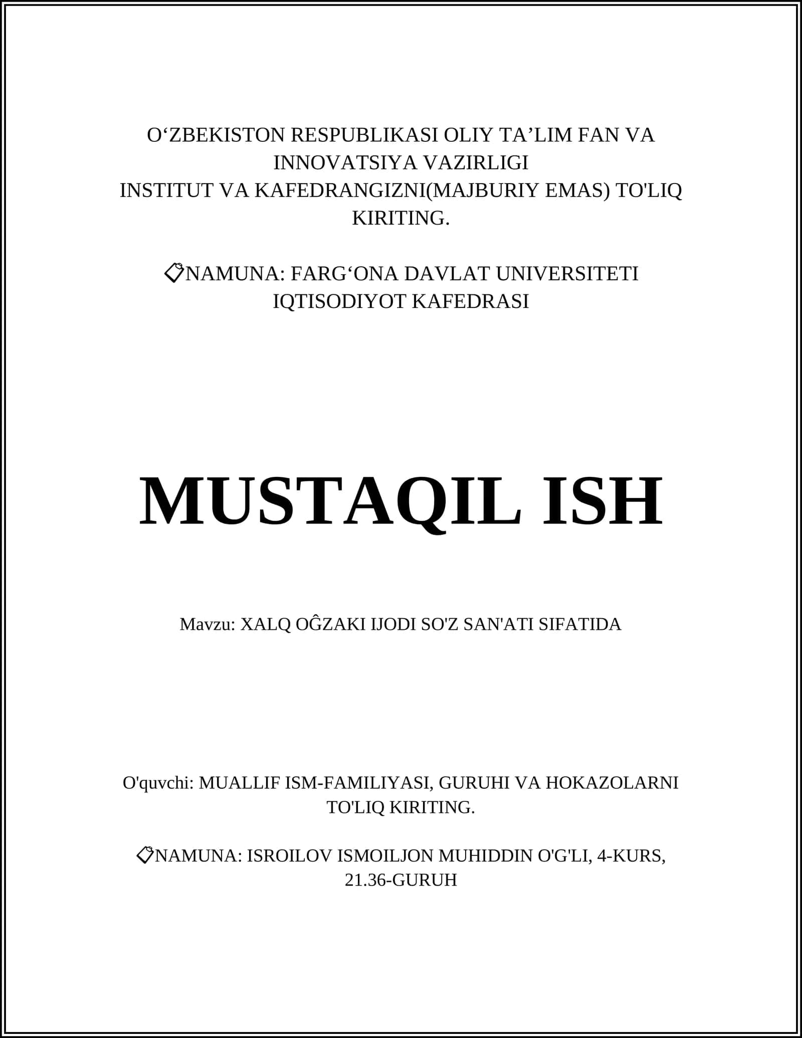 XALQ OĜZAKI IJODI SO'Z SAN'ATI SIFATIDA