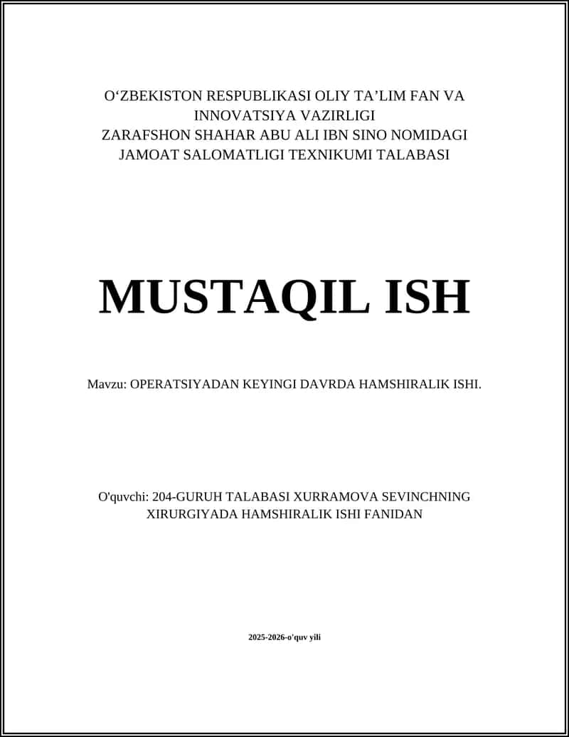 OPERATSIYADAN KEYINGI DAVRDA HAMSHIRALIK ISHI
