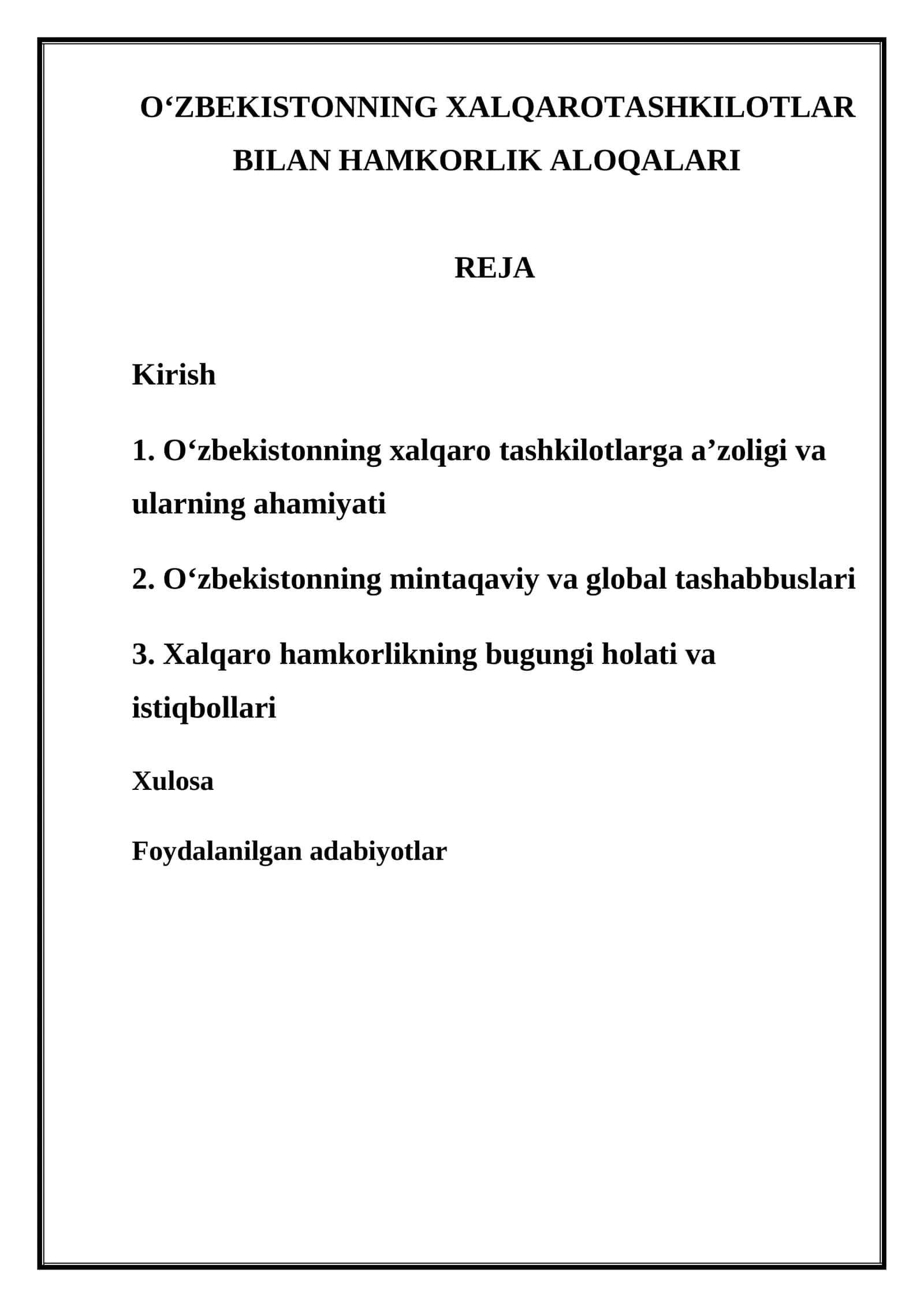 O‘ZBEKISTONNING XALQAROTASHKILOTLAR BILAN HAMKORLIK ALOQALARI