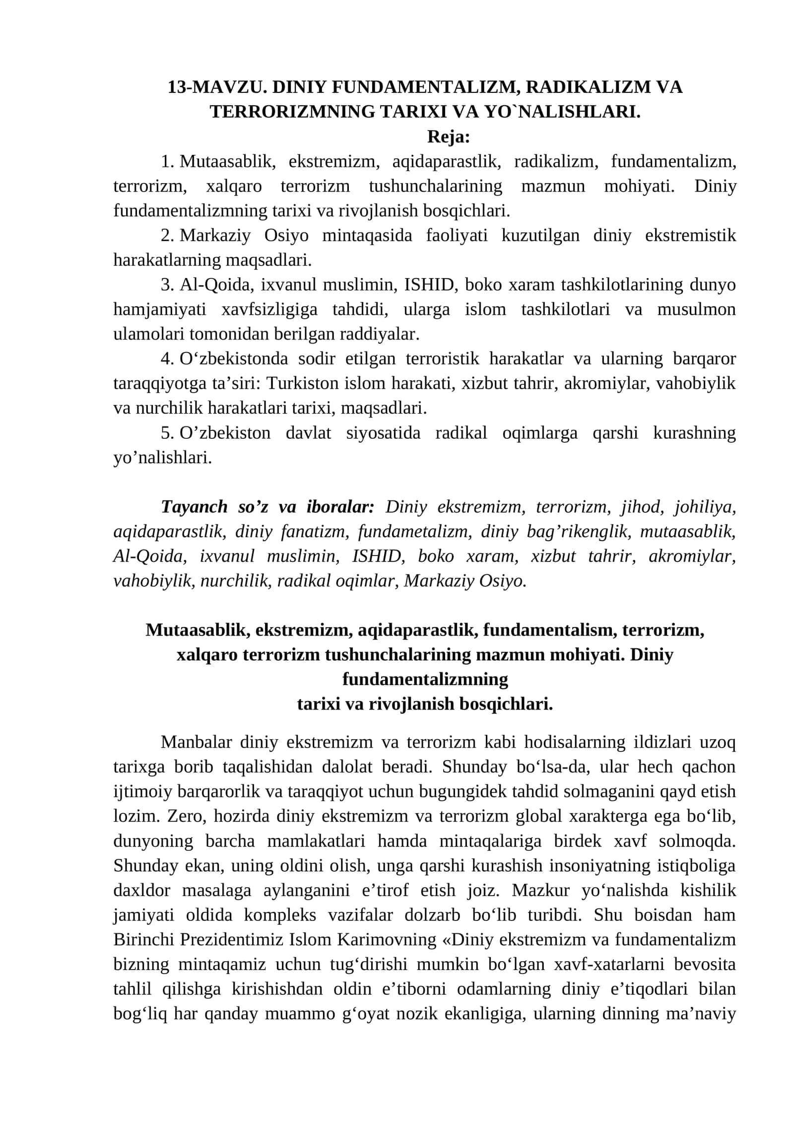 13-mavzu: DINIY FUNDAMENTALIZM, RADIKALIZM VA TERRORIZMNING TARIXI VA YO`NALISHLARI