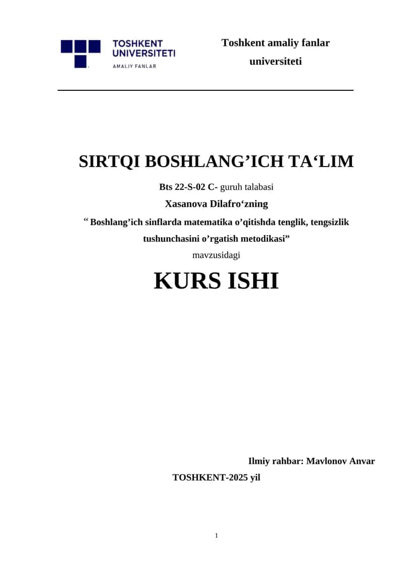 Boshlang’ich sinflarda matematika o’qitishda tenglik, tengsizlik tushunchasini o’rgatish metodikasi.docx