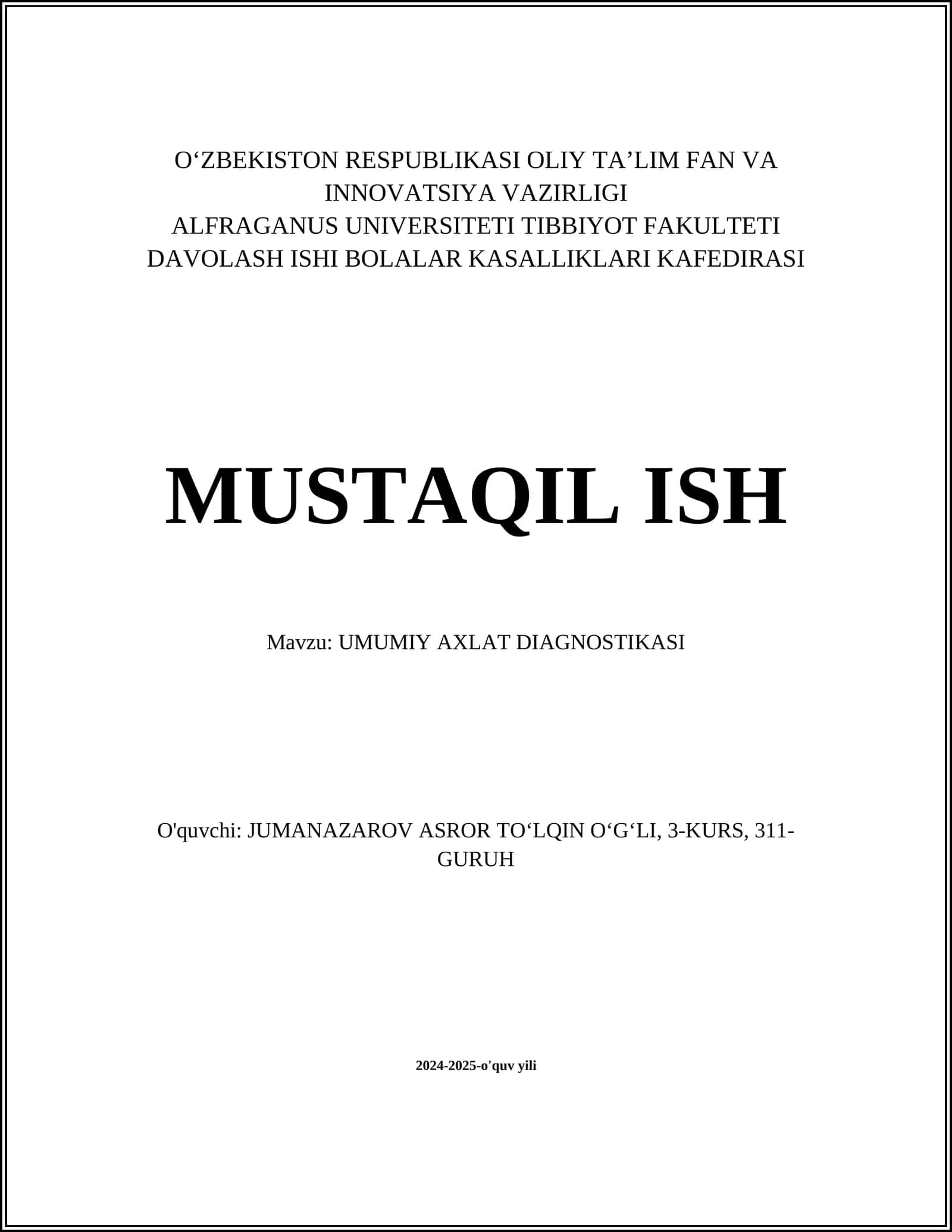 UMUMIY AXLAT DIAGNOSTIKASI