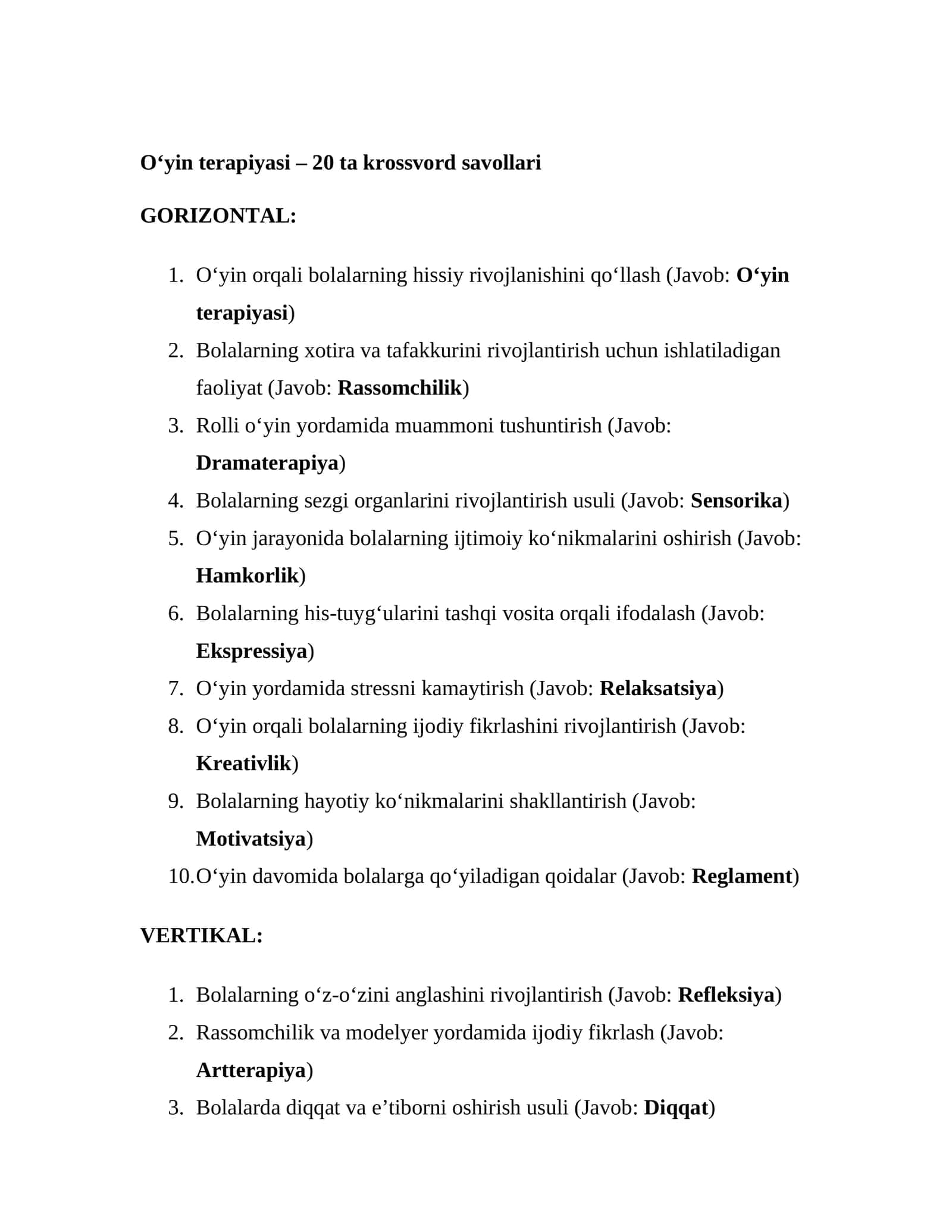 O‘yin terapiyasi – 20 ta krossvord savollari