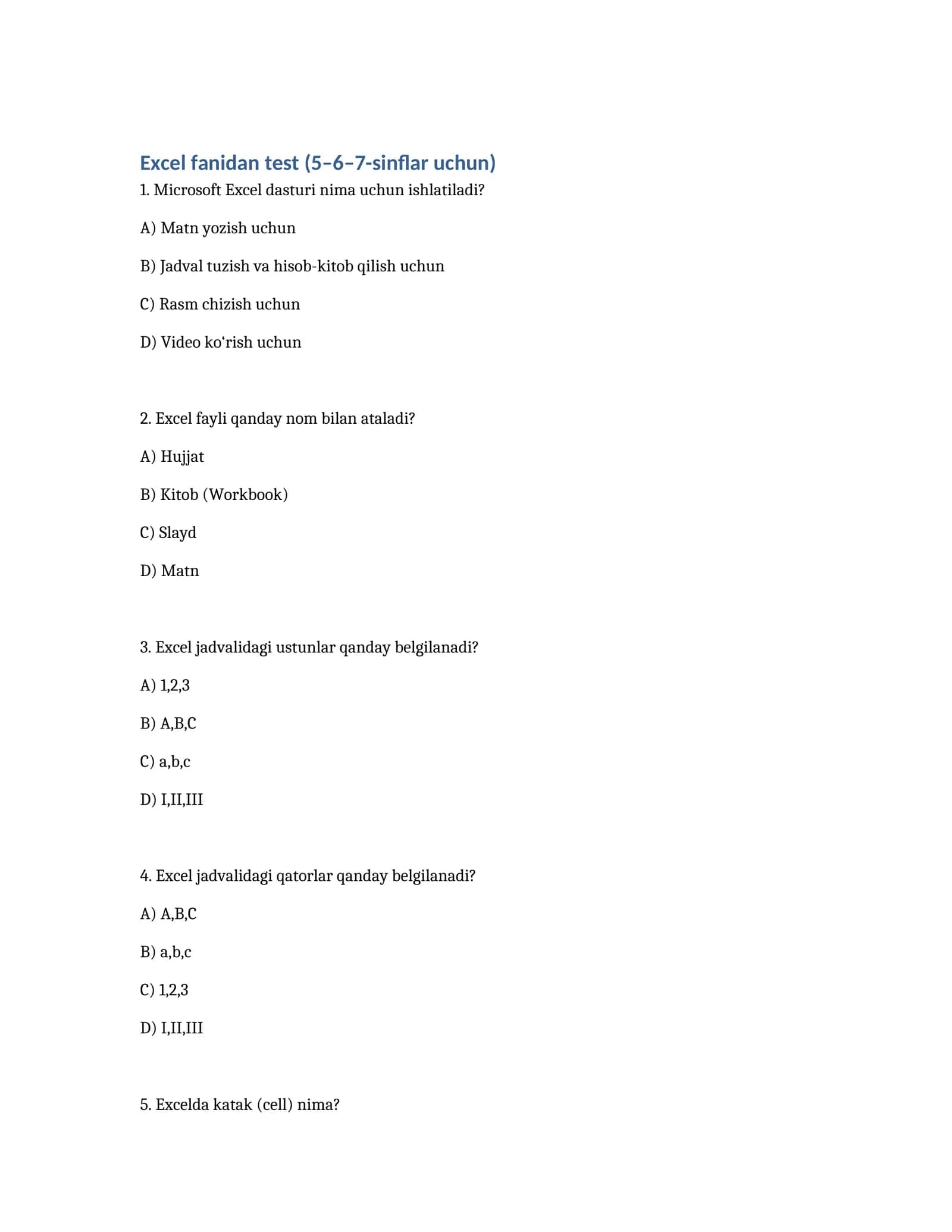 Excel fanidan test (5–6–7-sinflar uchun)
