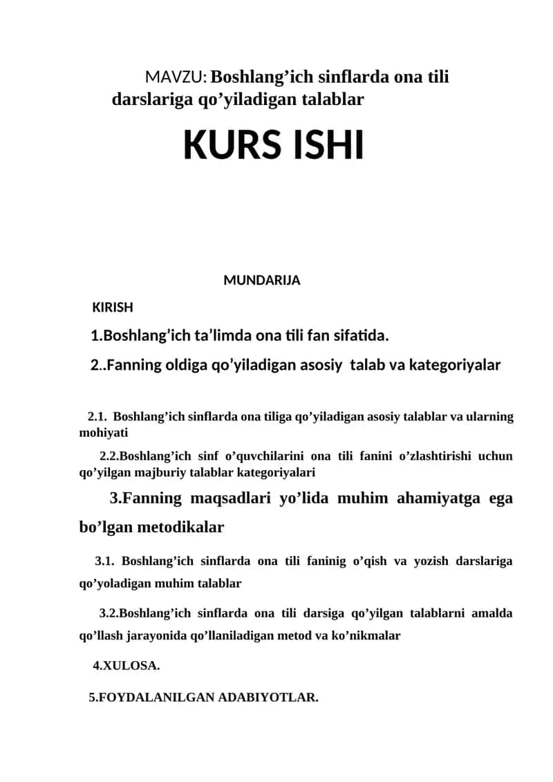 Boshlang’ich sinflarda ona tili darslariga qo’yiladigan talablar