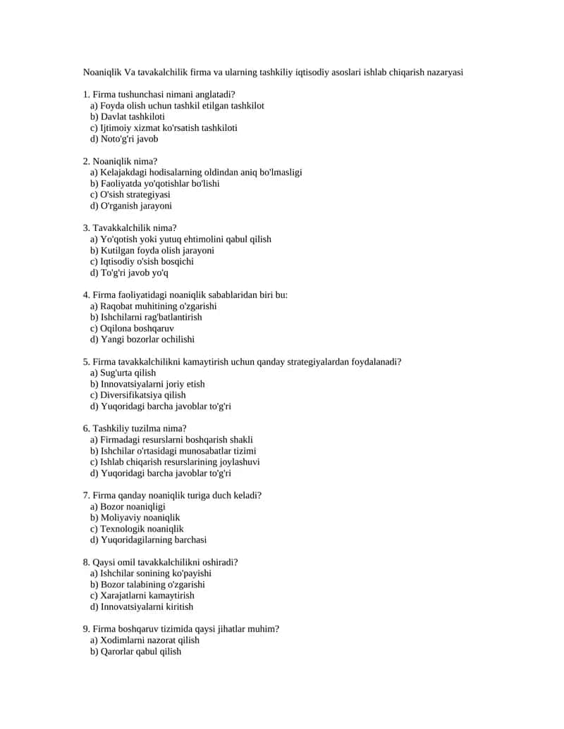 Noaniqlik Va tavakalchilik firma va ularning tashkiliy iqtisodiy asoslari ishlab chiqarish nazaryasi