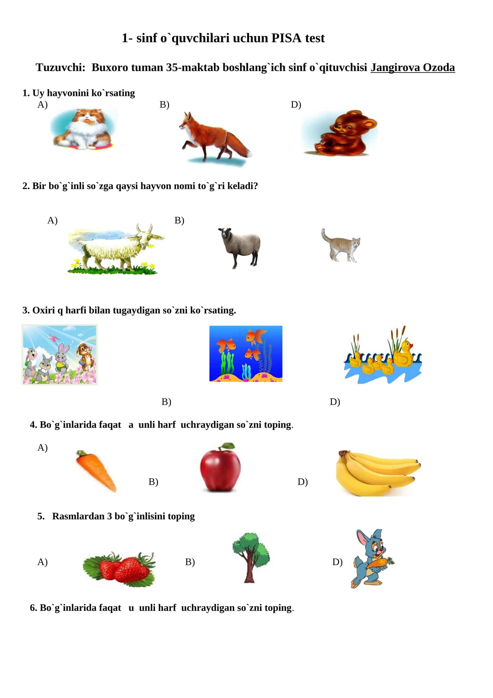sinf o`quvchilari uchun PISA test