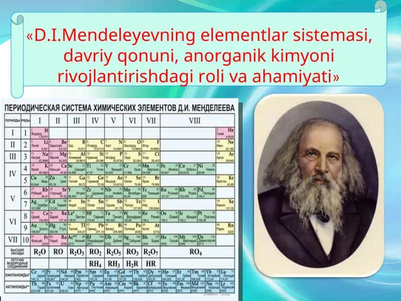D.I.Mendeleyevning elementlar sistemasi, davriy qonuni, anorganik kimyoni rivojlantirishdagi roli va ahamiyati