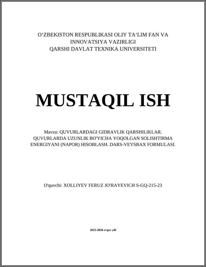 QUVURLARDAGI GIDRAVLIK QARSHILIKLAR