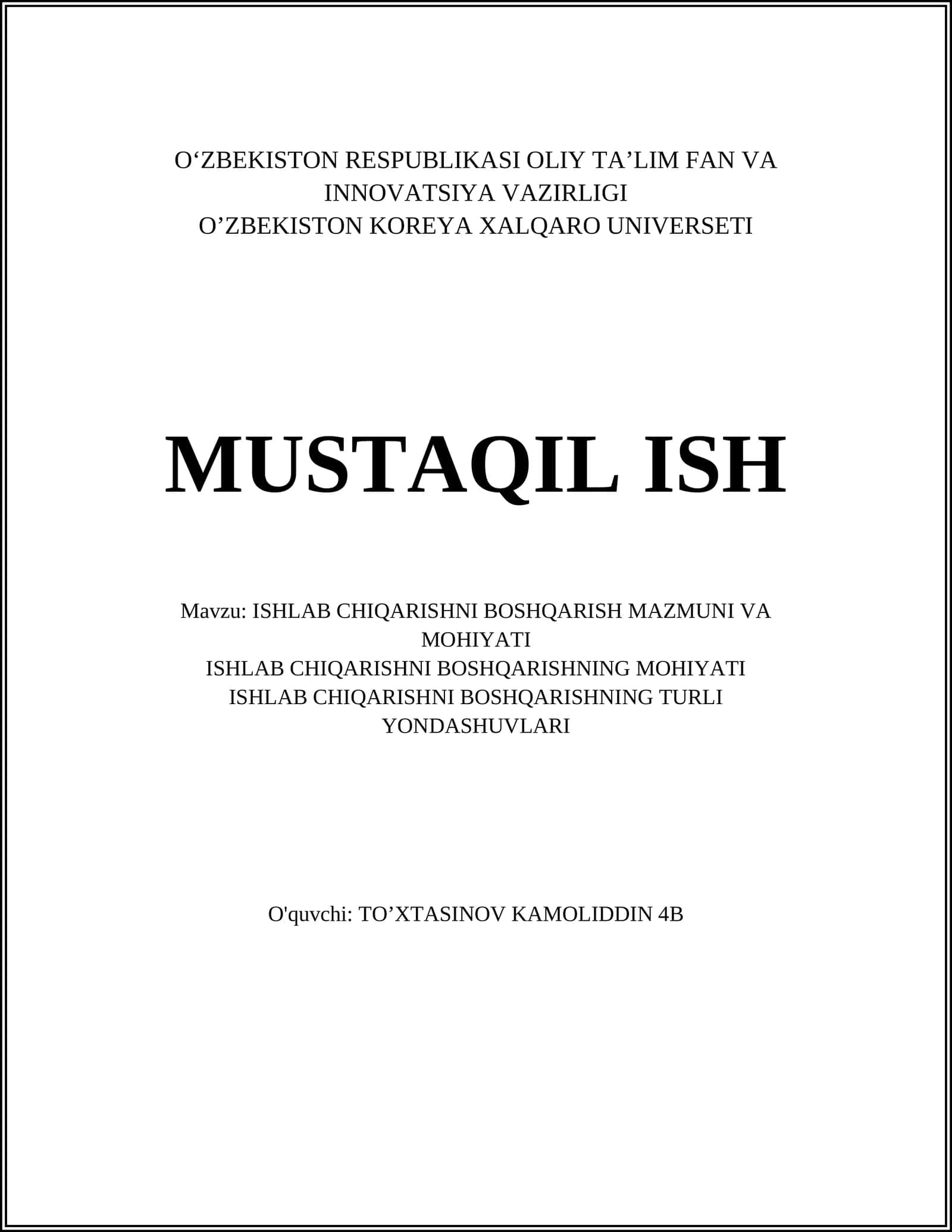 ISHLAB CHIQARISHNI BOSHQARISH MAZMUNI VA MOHIYATI