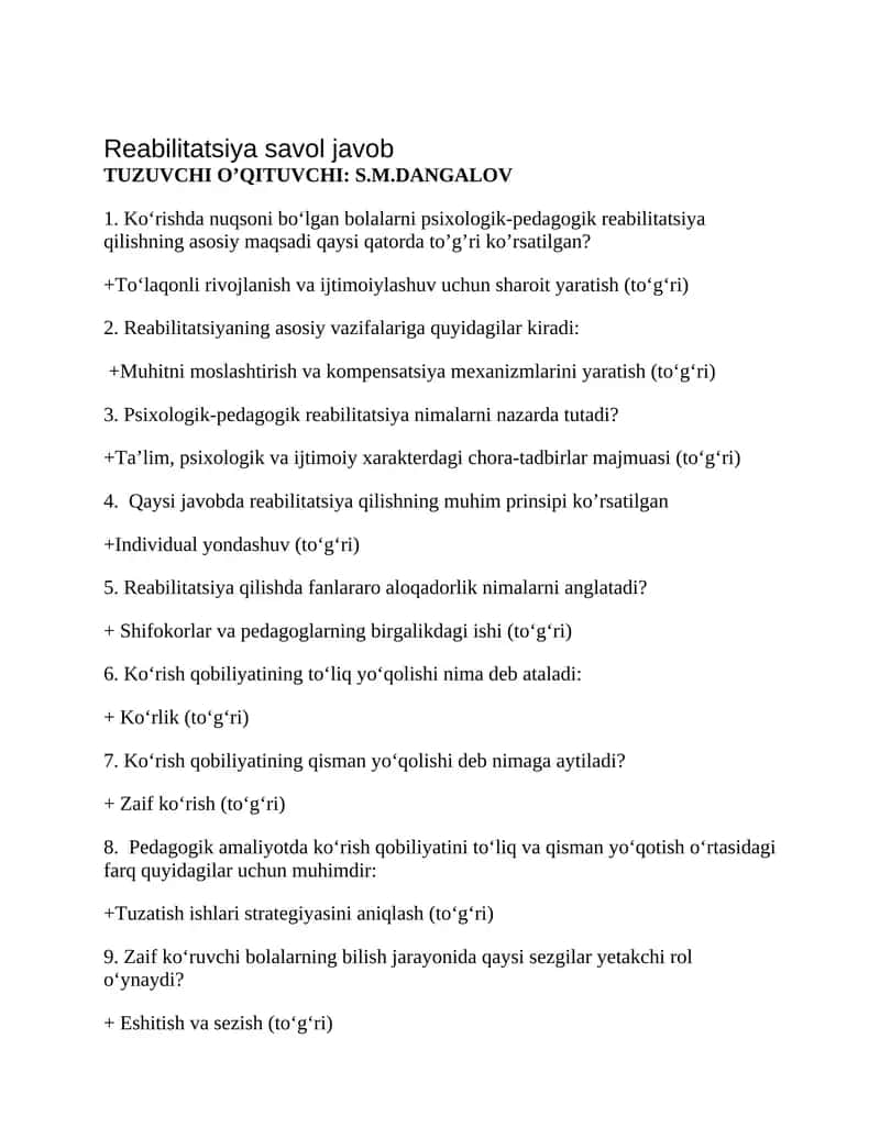 Reabilitatsiya savol javob