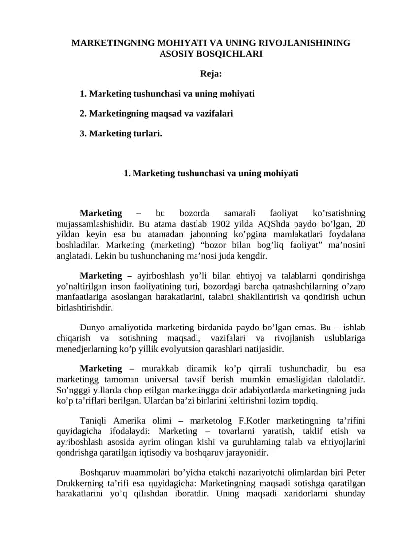 MARKETINGNING MOHIYATI VA UNING RIVOJLANISHINING ASOSIY BOSQICHLARI