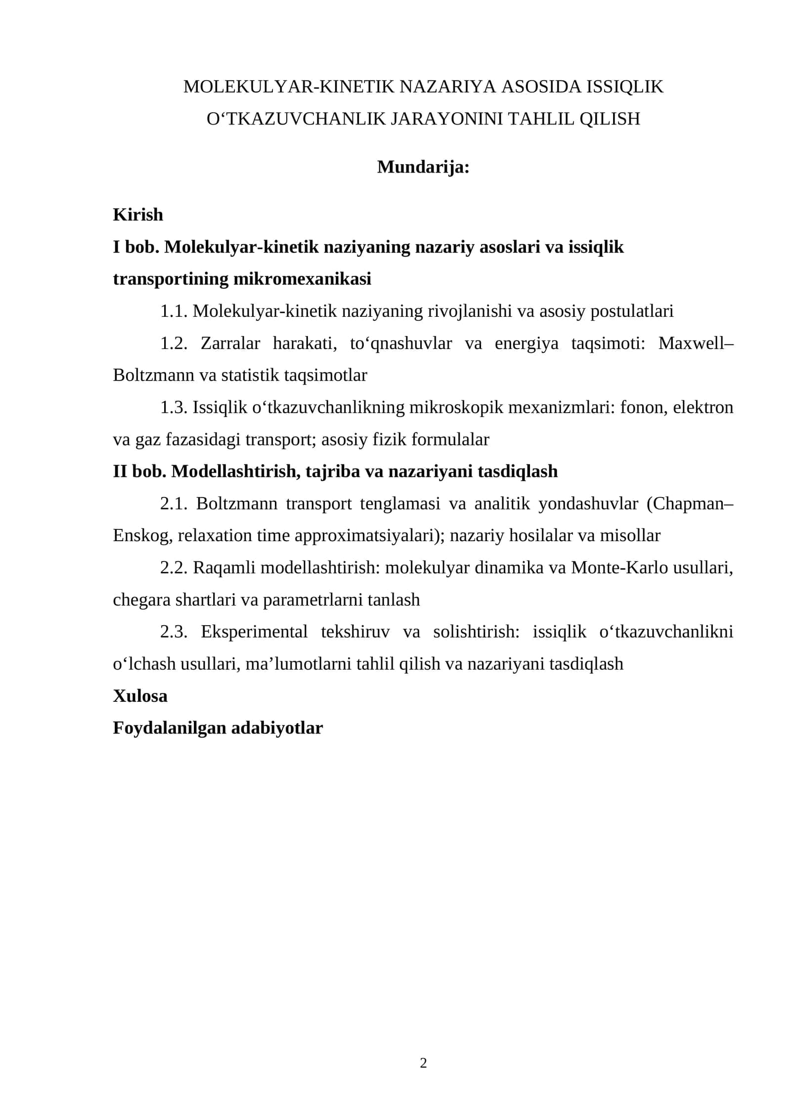 MOLEKULYAR-KINETIK NAZARIYA ASOSIDA ISSIQLIK O‘TKAZUVCHANLIK JARAYONINI TAHLIL QILISH