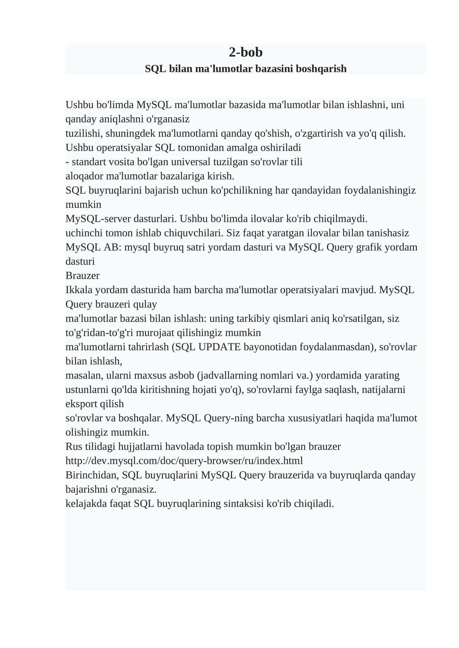 SQL bilan ma'lumotlar bazasini boshqarish