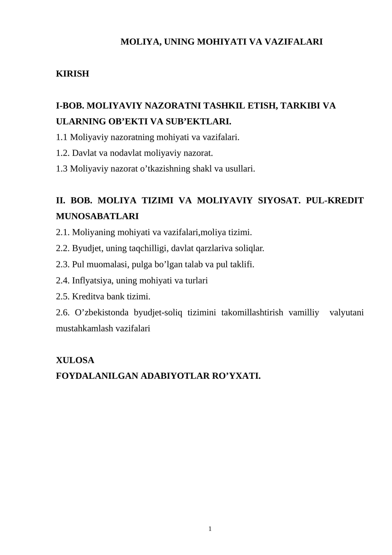 MOLIYA, UNING MOHIYATI VA VAZIFALARI