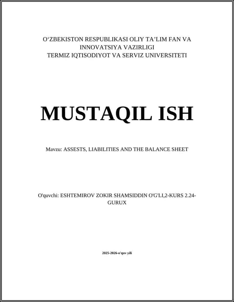 ASSESTS, LIABILITIES AND THE BALANCE SHEET