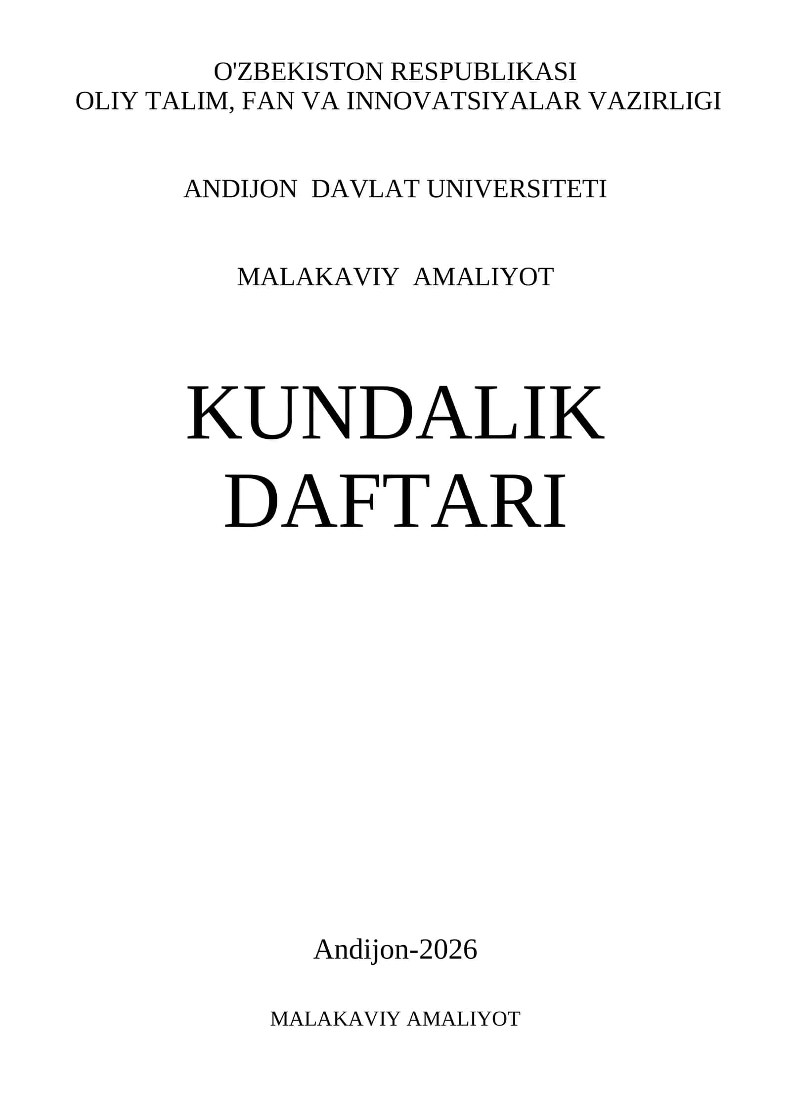 MALAKAVIY AMALIYOT KUNDALIK DAFTARI