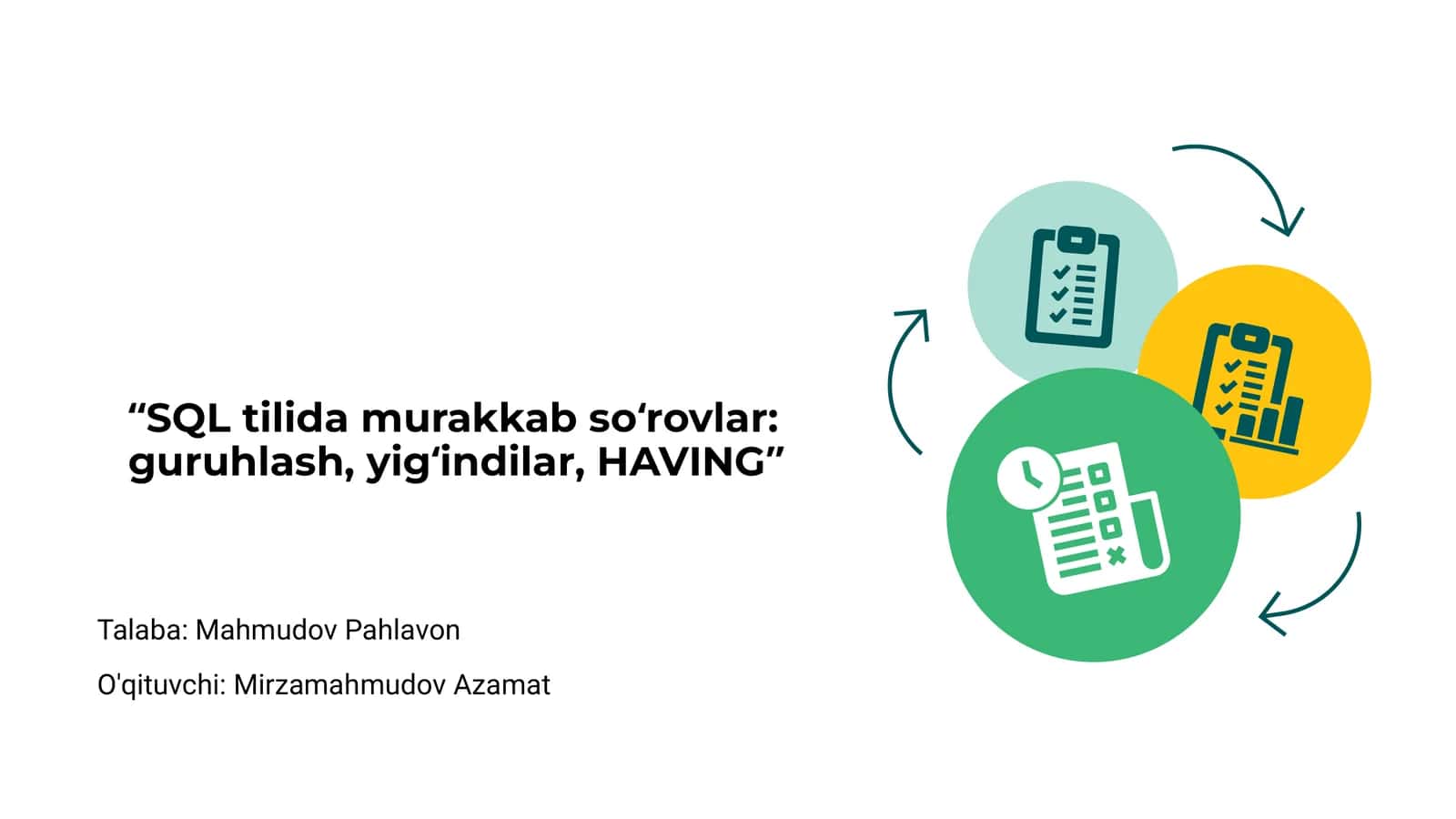SQL tilida murakkab so‘rovlar: guruhlash, yig‘indilar, HAVING