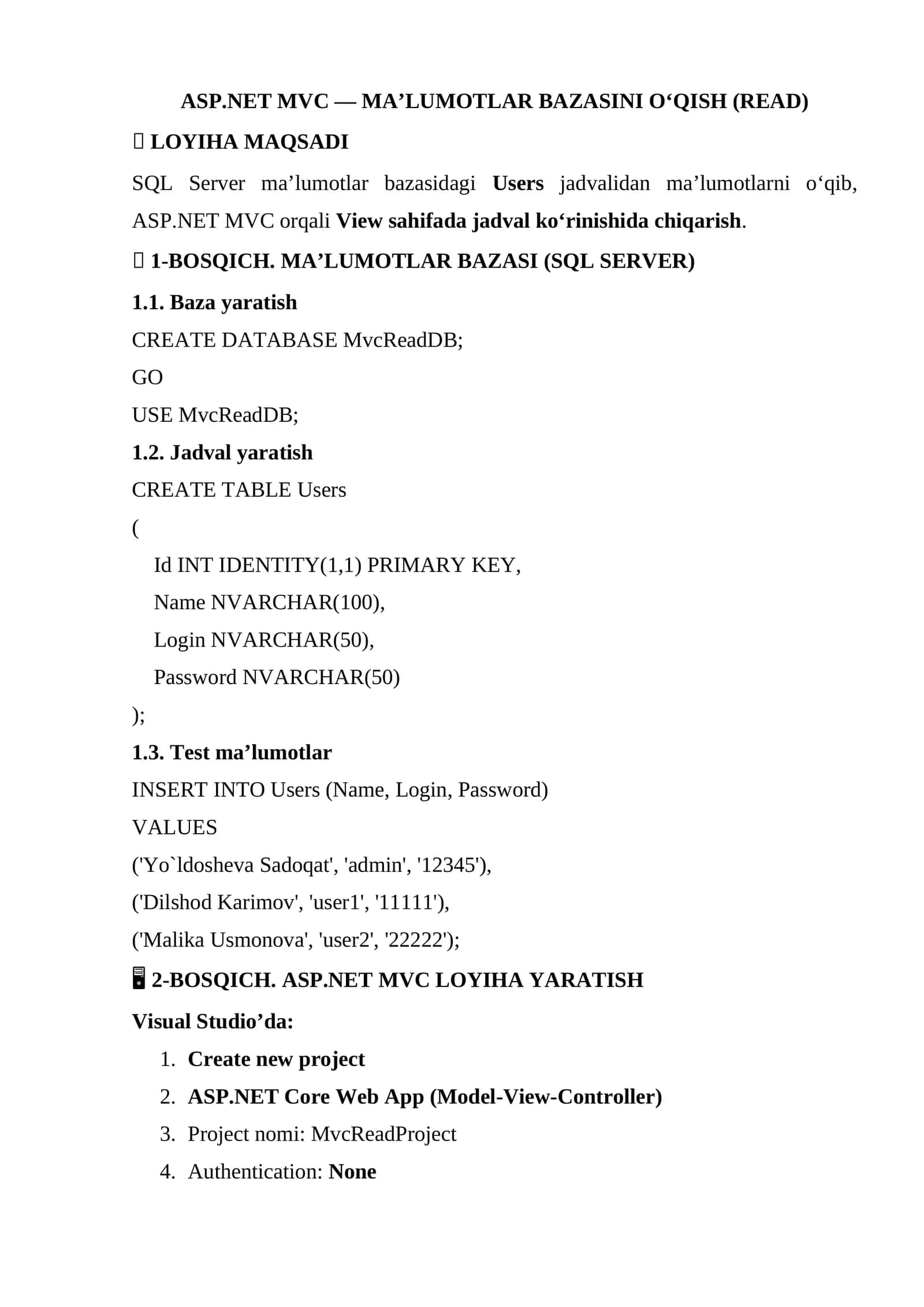 ASP.NET MVC — MA’LUMOTLAR BAZASINI O‘QISH (READ)