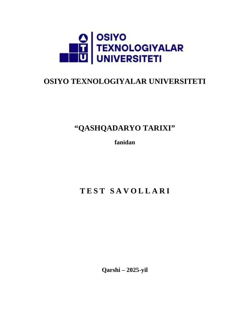 QASHQADARYO TARIXI TEST SAVOLLARI