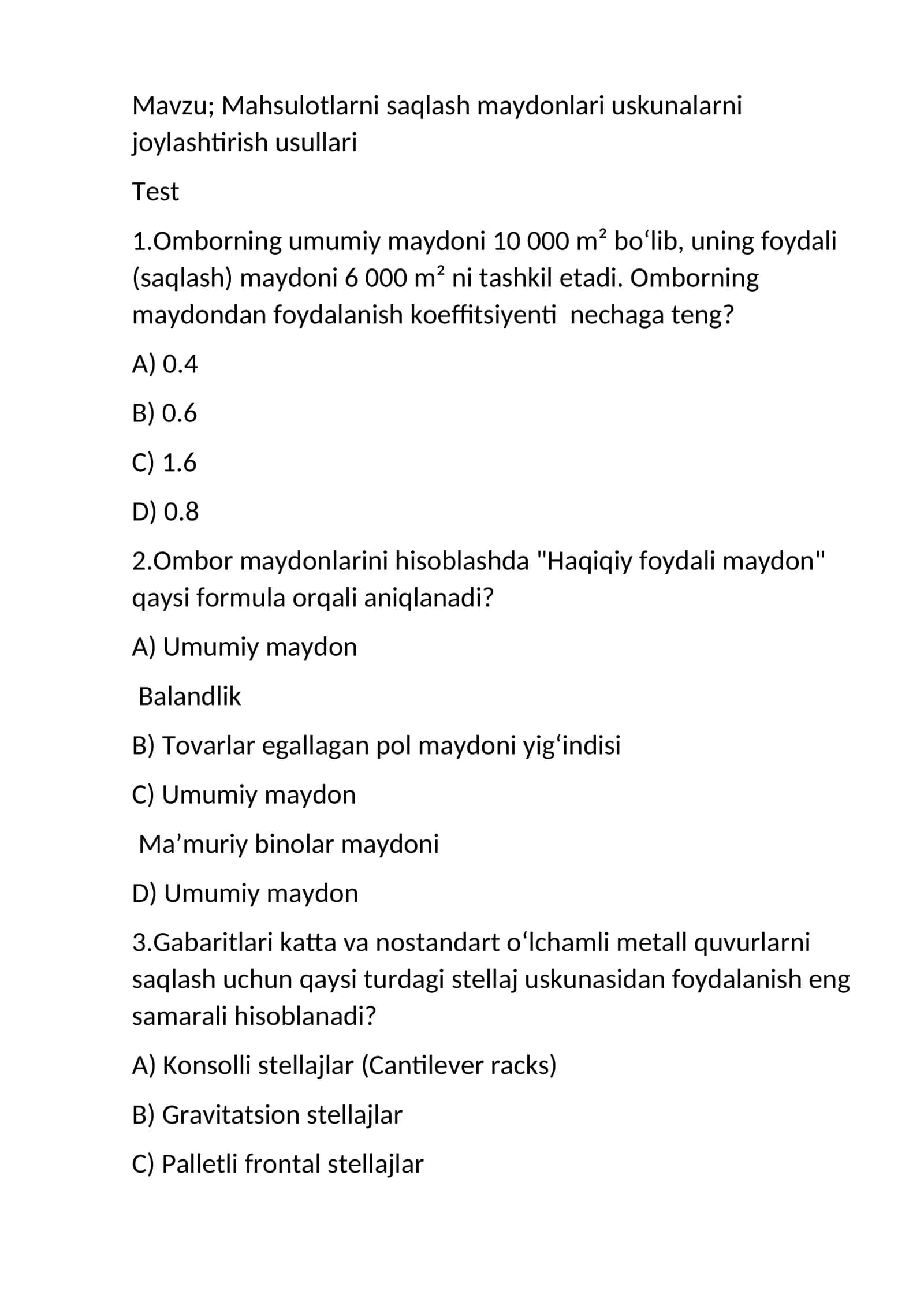 mahsulotlarni saqlash texnalogiyasi test