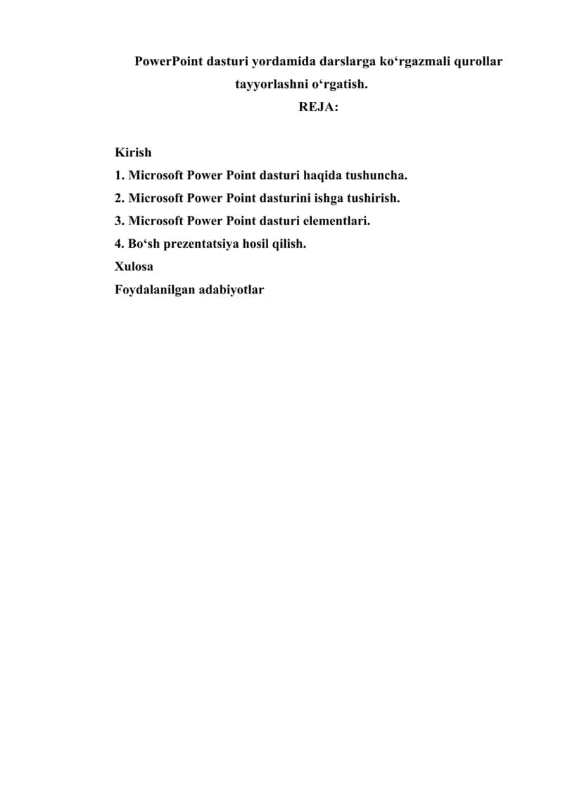 PowerPoint dasturi yordamida darslarga ko'rgazmali qurollar tayyorlashni o'rgatish