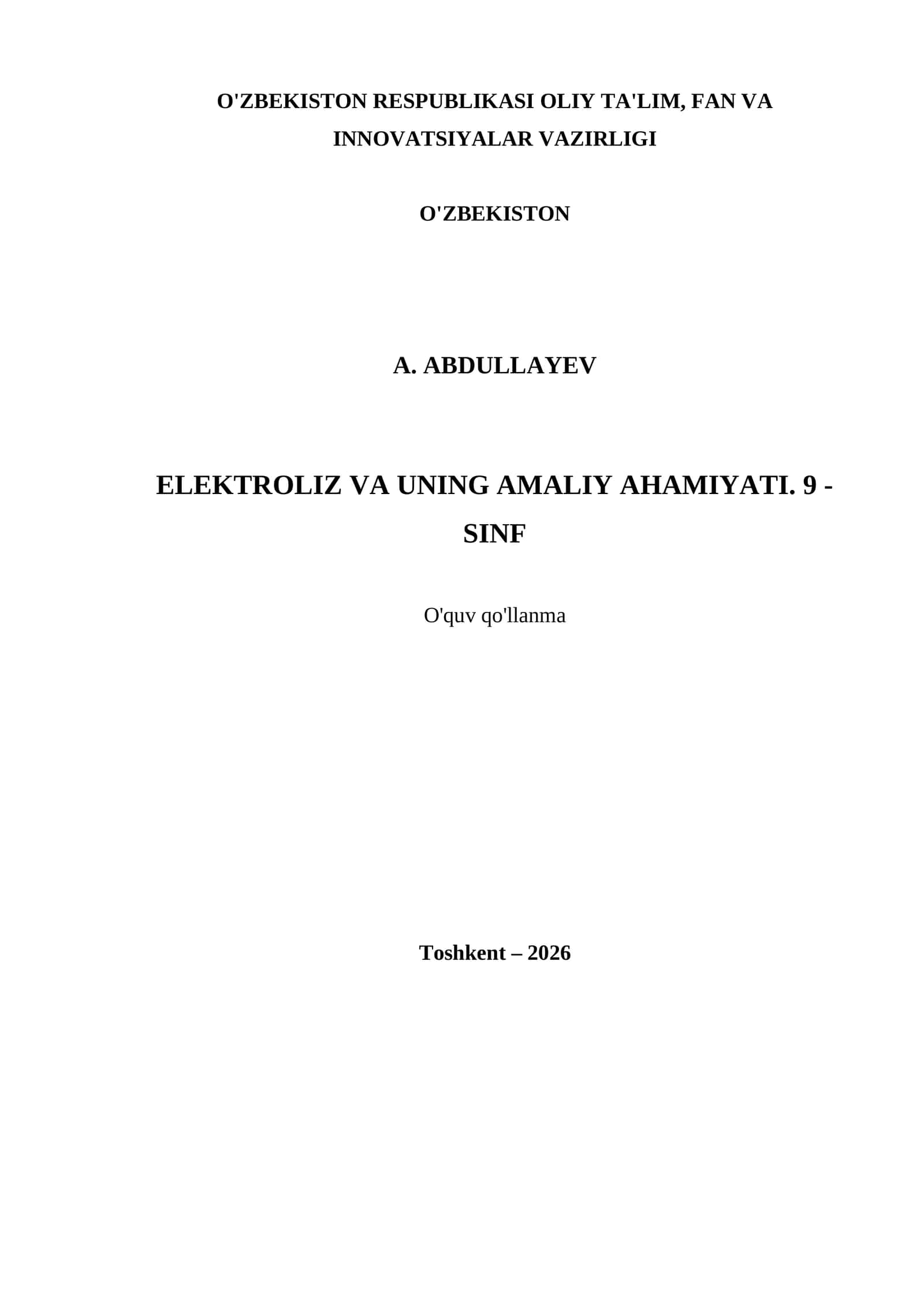 ELEKTROLIZ VA UNING AMALIY AHAMIYATI. 9 - SINF