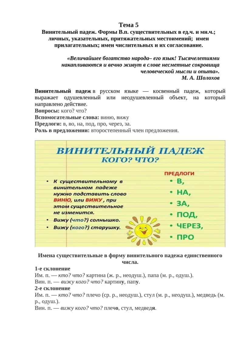 Винительный падеж. Формы В.п. существительных в ед.ч. и мн.ч.; личных, указательных, притяжательных