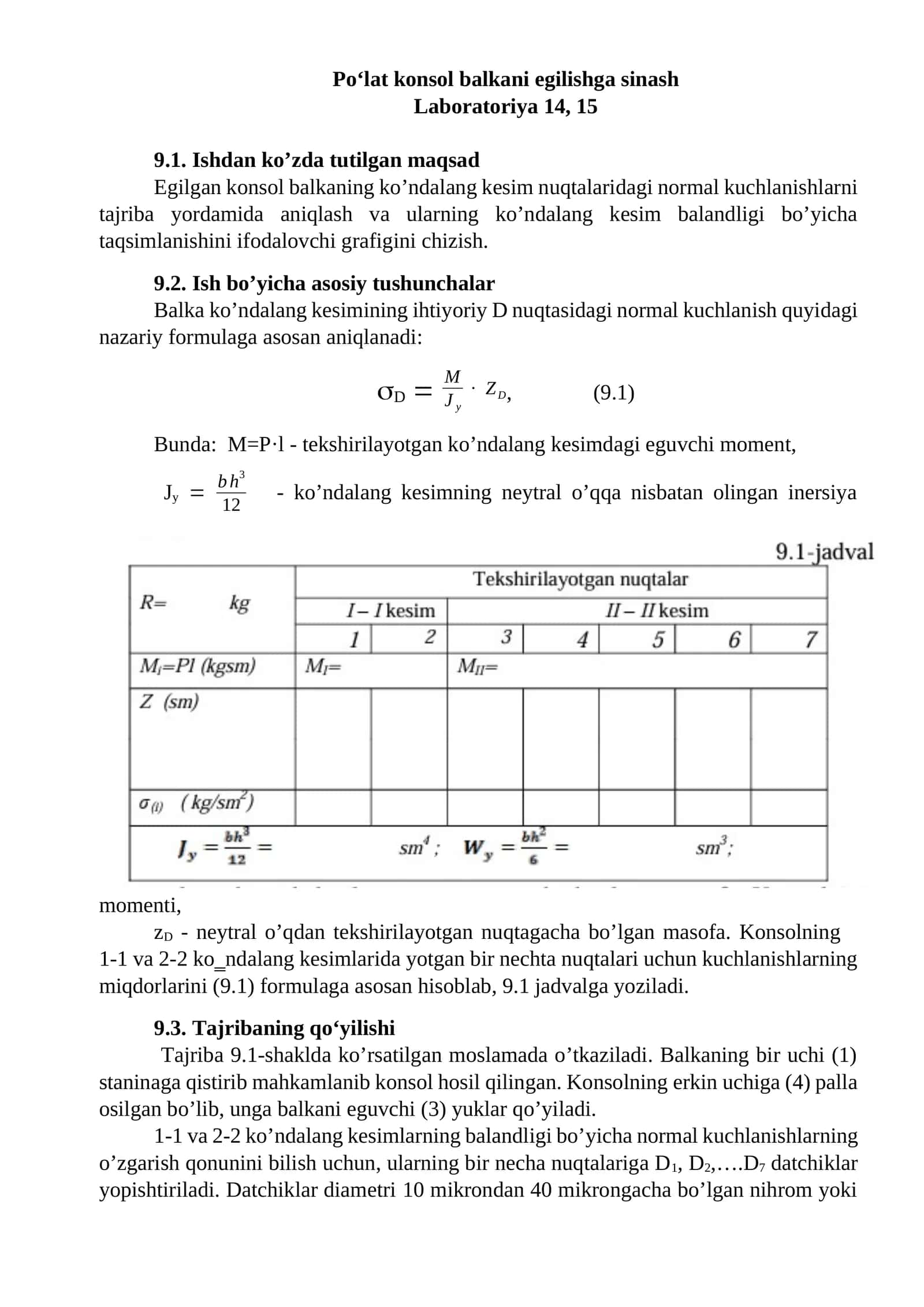 Po‘lat konsol balkani egilishga sinash