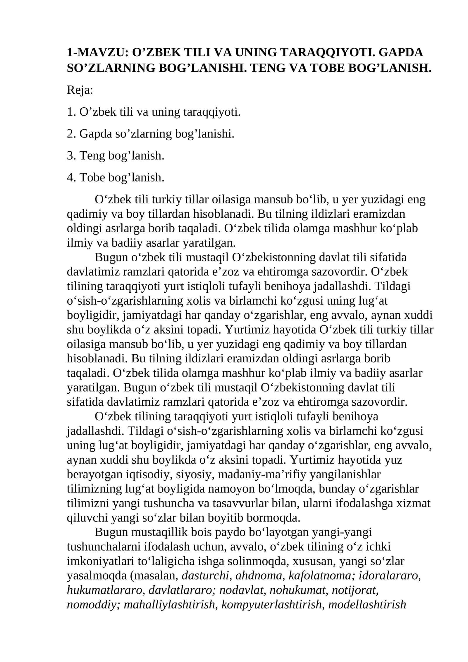 O’ZBEK TILI VA UNING TARAQQIYOTI. GAPDA SO’ZLARNING BOG’LANISHI. TENG VA TOBE BOG’LANISH