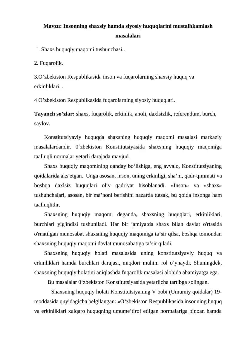 Insonning shaxsiy hamda siyosiy huquqlarini mustalhkamlash masalalari